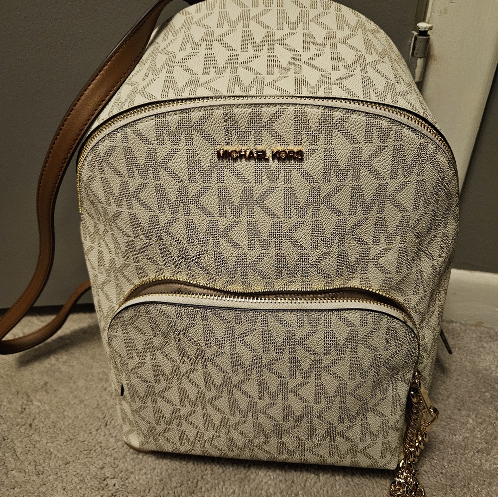 MICHAEL Michael Kors Cream Logo Backpack with Brown Straps and Gold Hardware